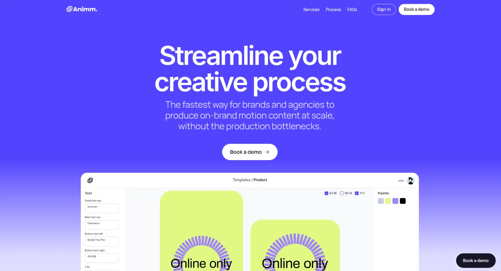 Web de Animm con el titular «Streamline your creative process»