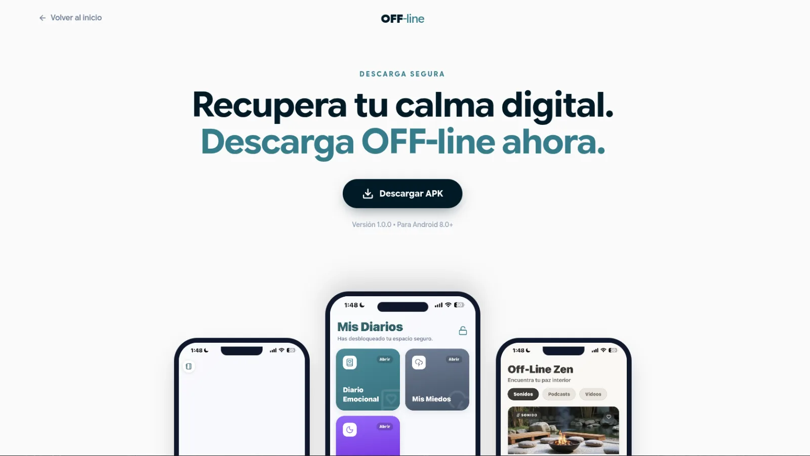 Landing de Off-Line con el titular «Recupera tu calma digital»
